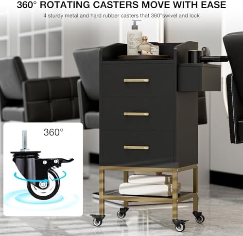 4-Tier Salon Station for Hair Stylist,Black Beauty Barber Storage Station w/Glass Top, 3 Drawers, Hair Dryer Holders, Lockable Wheels for Barber Station, Salon Storage Equipment - Image 5