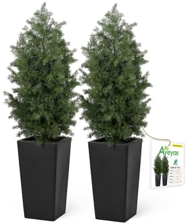 Aveyas 4ft Artificial Cedar Topiary Trees, 4 Feet Faux Potted Plants Evergreen Fake Pine Cypress Tree for Outdoor Porch Home Outside Door Decor (4 ft Tall Including Raised Pot) - Set of 2 Pack by Aveyas