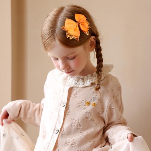 Sparkly Orange Ribbon Hair Bow Clips 2PCS 3.5" Boutique Glitter Sequin Dress Bow Alligator Hairpins for Teens Toddler Girls Kids Fall Give Thanks Gift Halloween Outfit Decor Accessory - Image 4