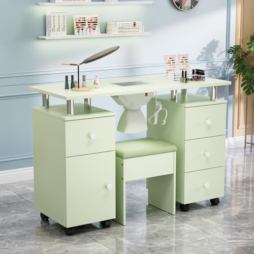 OmySalon Nail Desk and Chair Set, Manicure Table with Dust Collector, Arm Rest, 8 Wheels, Acetone Resistant Desktop, Drawers & Cabinet Storage for Makeup Beauty Salon (Mint Green) - Image 2