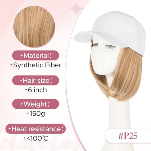 SEGO Baseball Cap with Hair Extensions for Women Synthetic Hair Attached Short Straight Hairpiece White Baseball Cap Wig Adjustable Hat Wigs for Women 6 Inch 16P613 Ash Blonde Mix Bleach Blonde - Image 5
