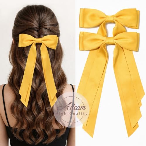 2PCS Yellow Hair Bows, Large Ribbon Bow Hair Clips for Girls Women Cute Ponytail Holder Accessories for Toddlers Kids Teens - Image 6