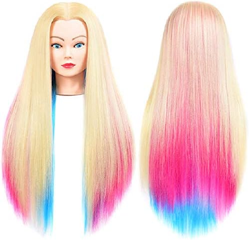 Mannequin Head with Long Synthetic Fiber Colorful Hair Styling Training Head 26-28inch Manikin Cosmetology Doll Head Hairdressing Training Model for Cutting Braiding Practice and Free Clamp Holder - Image 3