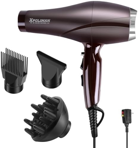 2000 Watt Hair Dryer, Negative Ionic Blow Dryer with Diffuser Concentrator Comb, 2 Speed 3 Heat Settings, Low Noise Long Life Style-Brown/Purple by Xpoliman