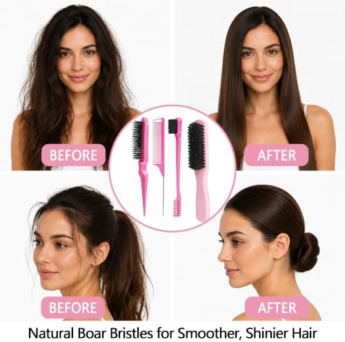 4Pcs Beech Wood Boar Bristle Slick Back Hair Brush Set Pink - Image 5