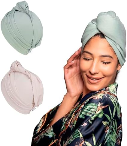 2 Pack T-Shirt Hair Plopping Towel for All Textures - Cotton Blend Water Absorption Turban with Secure Button - Moisture Gentle Styling and Setting Wrap - Sage & Pink by KISMETICS