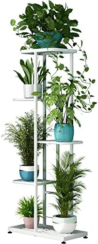 LINZINAR Plant Stand Metal 5 Tier 6 Potted Multiple Flower Pot Holder Shelf Indoor Outdoor Planter Display Shelving Unit for Patio Garden Corner Balcony Living Room (5 Tier 6 Potted, White) by LINZINAR