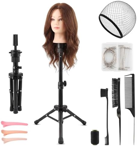Mannequin Head Stand, 22 '' Height Adjustable Tripod Wig Stands for Styling, Wig Stand Tripod Tool Kit for Cosmetology Hairdressing Training with Caps, Pins, Comb, Hair Clips by Unknown