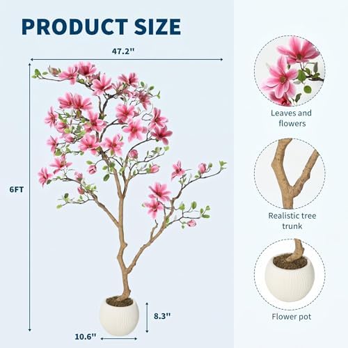 Artificial Magnolia Tree with Soft Pink Blooms, 6FT, Lifelike Faux Magnolia Tree in Pot, Silk Artificial Flowering Tree for Indoor Home Decor, Living Room, Office, Bedroom, Entryway - Image 2