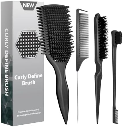 Curl Defining & Detangling Brush – Dual-Vented Curly Hair Brush for Wet & Dry Hair with Flexible Bristles – Reduces Frizz & Smooths Knots – For All Hair Types & Users (Black) by QuwheCurlDefiningBrush