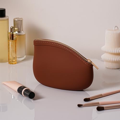 Small Silicone Makeup Bag Premium Purse Bag Multifunctional Essential Bag Zipper Pouch Water and Heat Resistant (Brown) - Image 3