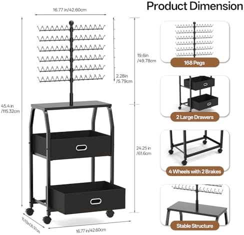 XINTUO Portable Braiding Hair Rack With Wheels & Storage Drawers,168 Pegs Hair Extension Holder Hanger for Braiding Hair Separator Stand Display,Hair rack with stylist hair braiding tools(black) - Image 2
