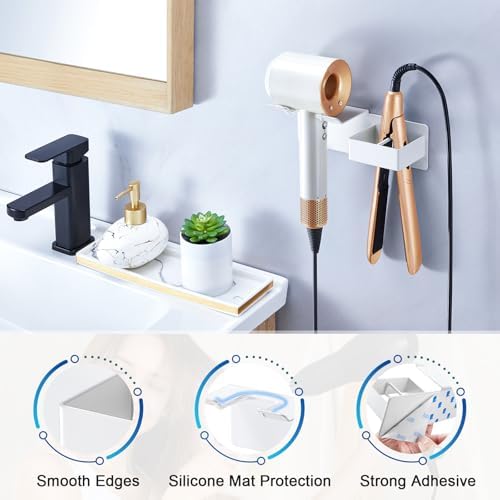 Hair Dryer Holder Wall Mounted, Hair Straightener Holder Metal, Adhesive Blow Dryer and Hair Straightener Holder, Bathroom Bedroom Hair Tool Organizer for Flat Iron,Curling Iron,Hairdryer (White) - Image 3