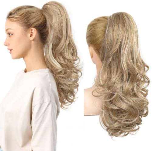REECHO Ponytail Extension, 18" Clip in Ponytail Hair Extensions for Women, Short Wavy Synthetic Pony Tail Hairpiece for Daily Wear-Honey Blonde with Highlights by REECHO