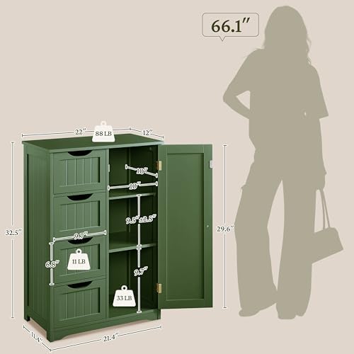 Yaheetech Small Bathroom Storage Cabinet with 4 Drawers & Door, Green - Image 3