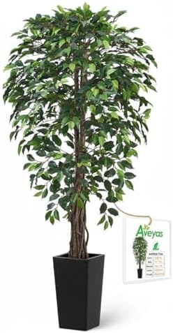 Aveyas 6ft Artificial Ficus Tree for Home Decor with Black Pot, 6 Feet Faux Plant Fake Silk Trees for Indoor Outdoor House Living Room Office Garden (6 ft Tall Including Raised Pot) by Aveyas