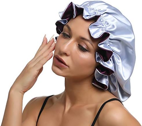 SENGTERM Women Large Satin Bonnet Adjustable Silky Sleep Cap Hair Bonnet Double Layered Reversible for Curly,Natural Hair (XL-ADULT, XL Purple-Lilac) - Image 4