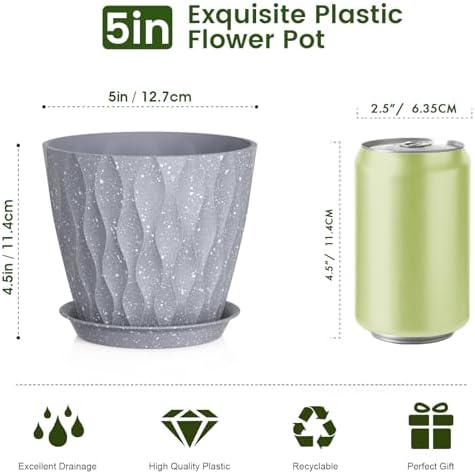 Meowell 5 inch Plant Pots for Indoor Outdoor Plants, 6 Pack Thick Flower Pots with Drainage Holes and Saucers, 3D Modern Wave Texture Small Plastic Planters Nursery Pots, Speckled Grey - Image 2
