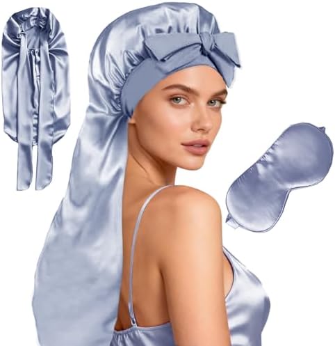 Womens 2Pcs Silk Satin Bonnet Long Hair Bonnets For Sleeping Silky Bonnet With Eye Mask Braids Curly Hairs Sleep Cap by WJingYiJia