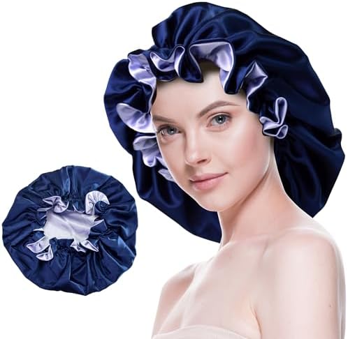 Silk Bonnet for Sleeping Satin Bonnets Double Layer Reversible Hair Cap Bonnet for Women Long Curly Braid Hair (Navy) by BeutyMe