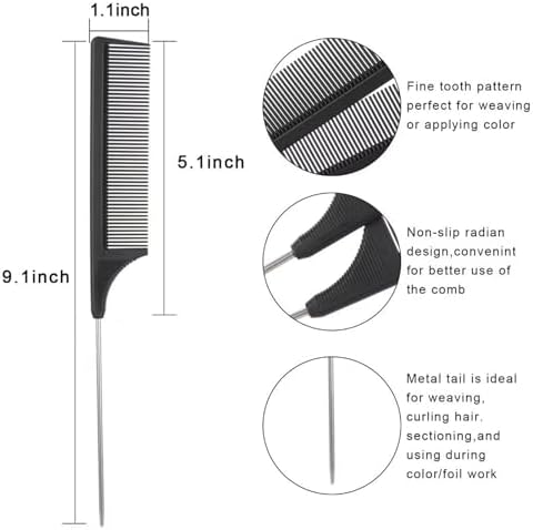1 Piece Pin Rat Tail Comb Hair Comb Steel Pin Rat Tail Carbon Heat Resistant Teasing Combs with Stainless Steel Pintail for Hair Parting Rat Tail Combs Salon or Home Supply - Image 2