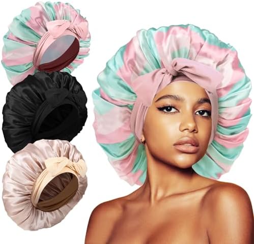3Pcs Bonnets for Sleeping, Extra Satin Silk Bonnet for Sleeping Women with Tie Band for Curly Hair Jumbo Bonnet Braids by KAFTERI
