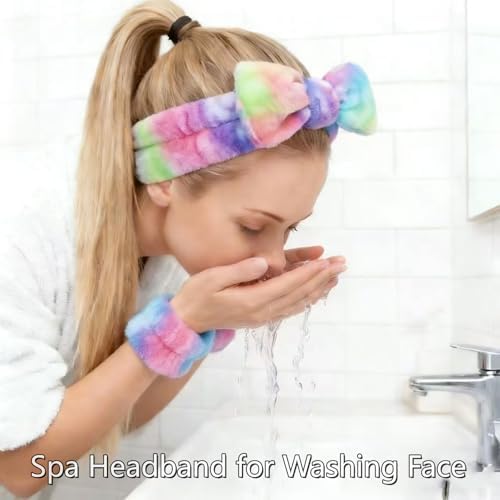 7 Pcs Spa Set, Facial Headband and Wristband Set, Skincare Accessories, College Style Girl Idea Gifts, Hair Accessories for Women and Girls（Tie Dye Colourful ） - Image 4