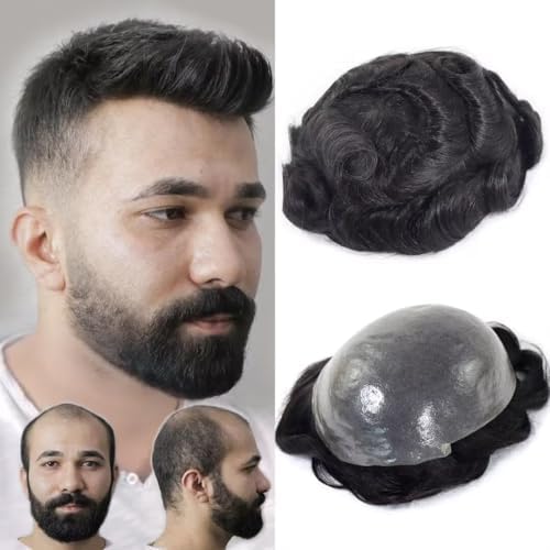 blazingfire 0.06mm V-Loop Thin Skin Toupee for Men Human Hair System #1B by ENTRANCEDSTYLES