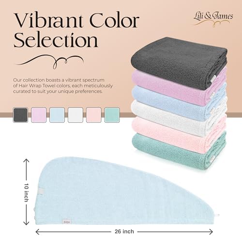 Lili&James 100% Cotton Hair Towel Wrap for Women & Kids – 420 GSM Quick Dry Hair Turban with Double Button Loop, Anti Frizz Non Microfiber Hair Drying Towel for Long & Thick Hair (Blue+Pink+Aqua) - Image 2