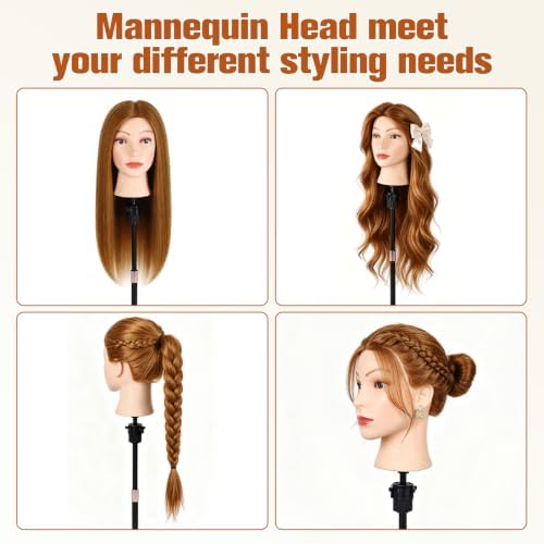 80% Human Hair Mannequin Head,26''Golden Brown Real Hair Mannequin Head,Cosmetology Manikin Head Doll Hair Styling Hairdressing Practice Training Wig Head with Clamp Holder and Tools - Image 3