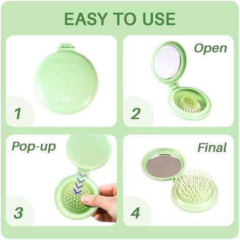 RHOS Folding Brush with Mirror - Compact, Portable and Foldable for Travel, Suitable for Women, Men, and Kids (Green) - Image 3