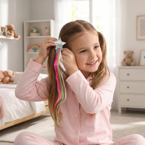 6 Set Rainbow Colored Straight Hair Clips with Unicorn Accessories - Thick Wig Bangs and Ponytail Extensions for Girls - Image 5