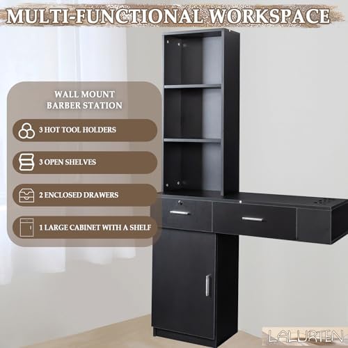 Salon Station Wall Mount Barber Station Salon Stations for Hair Stylist with Appliance Holders Hair Salon Station with Lockable Drawers Salon Cabinet with 3 Shelves for Beauty Spa (Black) - Image 2