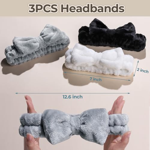 LEOBRO Spa Headband, 6pcs Makeup Headbands and Hair Scrunchies, Bow Skin Care Headband for Washing Face for Teen Girls Women, Easter Basket Valentines Christmas Gift for Girls, Black & White & Gray - Image 3