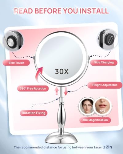 1X/30X 8" Magnifying Makeup Mirror with Lights, Height Adjustable for Desk - Image 4