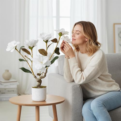 2FT Artificial Magnolia Tree with Pot, Faux Flower Tree with White Magnolia Blooms and Green Leaves, Potted Artificial Plant for Living Room, Bedroom, Office, Entryway, Store, Home Dector - Image 5