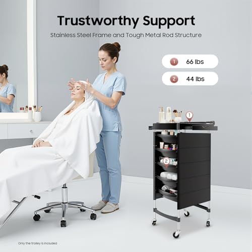 Salon Trolley Cart with Wheels & 5 Drawers, 6 Layer Salon Rolling Stations for Hair Stylist Rolling Storage Trolley w/ 2 Hair Dryer Holder Side Tray for Beauty Tattoo Hairdressing Beauty Equipment - Image 4