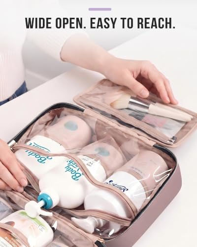 NISHEL Travel Toiletry Bag for women, Portable Hanging Organizer for Family-Sized Shampoo, Conditioner, Brushes Set, Makeup Accessories, Extra Large Size, Peach Pink - Image 3
