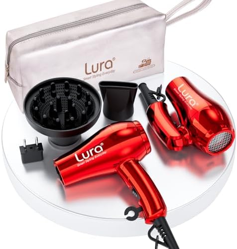 LURA Mini Portable Travel Hair Dryer:Dual Voltage Small Lightweight Blow Dryer with EU Plug,1200W Compact Hairdryer with Folding Handle,with Concentrator&Diffuser Attachment,for Women and Men(Red) by Lura