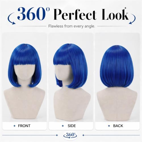 Short Royal Blue Bob Wig with Bangs for Women - Image 2