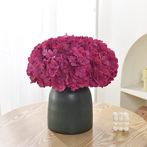 Silk Hydrangea Heads with Stems Artificial Flowers Heads for Home Wedding Decor,Pack of 10 (Fuschia) - Image 3