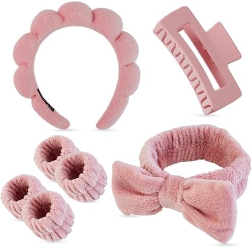 7 Pcs Spa Set, Facial Headband and Wristband Set, Skincare Accessories, College Style Girl Idea Gifts, Hair Accessories for Women and Girls（ Coral Pink） by Unknown