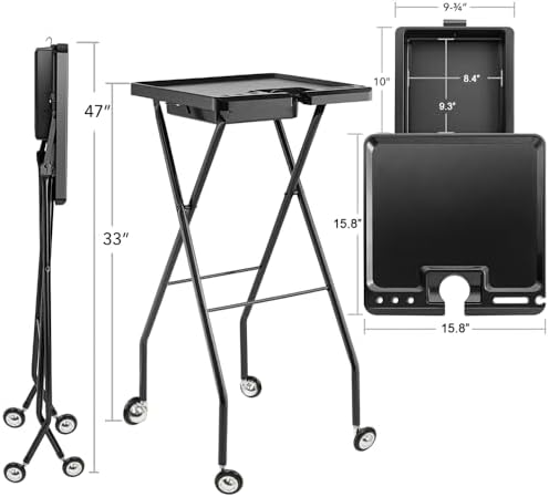 Folding Salon Rolling Tray Cart, Portable Mobile Workstation for Hairdresser, Esthetician & Tattoo Artist - Image 2