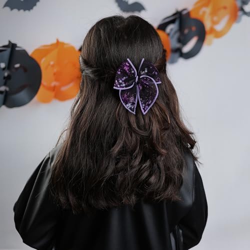 Halloween Spider Shaker Bow Hair Clips 4in Black Purple Spiderweb Mesh Tulle Fable Hair Bow Alligator Hairpins for Teen Girls Women Costume Party Accessory Gift Set of 2 - Image 4