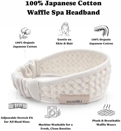 Luxury Organic Japanese Cotton Waffle Spa Headband for Women | Elastic Towel Headband for Makeup, Washing Face, Facial, Cosmetic & Skincare | Gift for Her Self-Care Beauty Routine (Shell White) - Image 2