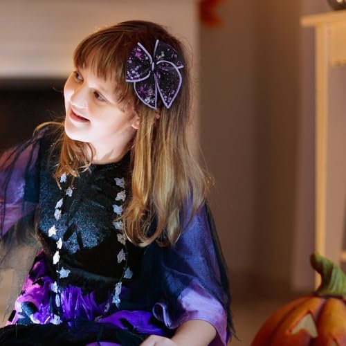 Halloween Spider Shaker Bow Hair Clips 4in Black Purple Spiderweb Mesh Tulle Fable Hair Bow Alligator Hairpins for Teen Girls Women Costume Party Accessory Gift Set of 2 - Image 5