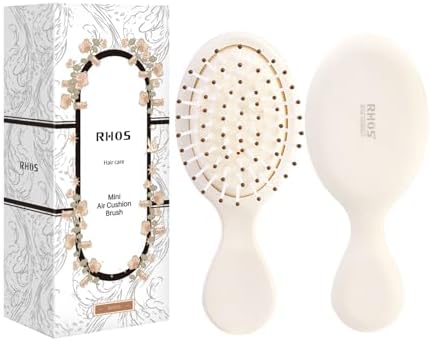 RHOS Mini Hair Brush for Women,Men and Kids-Travel Size Hair Brush for Purse,Pocket,backpack-Small Cushion Paddle Brush with Soft Bristles-Mini Detangler Brush for All Hair Types(1 Pack-Beige) by RHOS