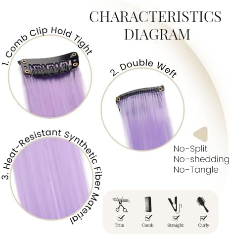 10 Pcs Colored Clip in Hair Extensions Light Purple 22 Inch - Image 3