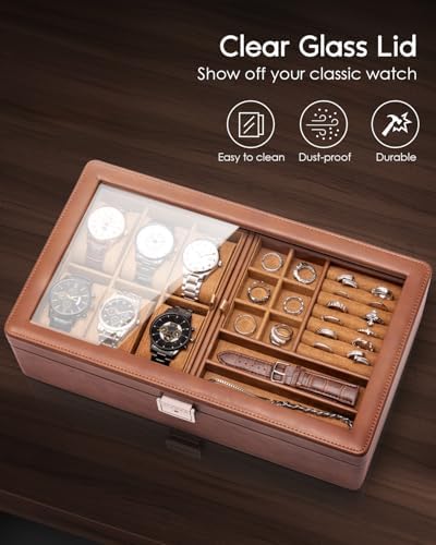 VLANDO Watch Box,Faux Leather Watch Case for Men,Rings Bracelet, Sunglasses, Watch Strap Storage Box Brown - Image 3