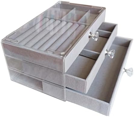 Clear Acrylic Velvet Jewelry Organizer with 3 Drawers, Stackable Display Storage Earrings Necklace Rings Bracelets Box Holder Case for Women, Grey - Image 2